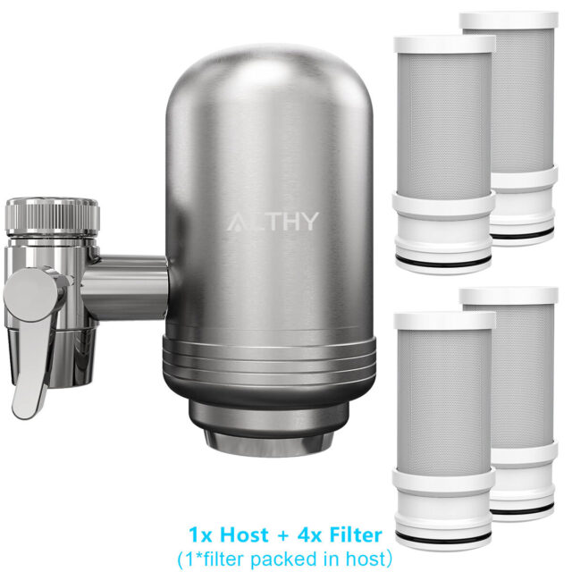 Stainless steel faucet water filter with four replacement filters.