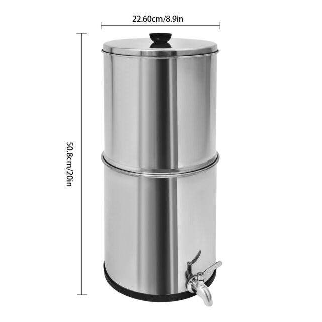 Stainless steel gravity-fed water filter system with two filters.