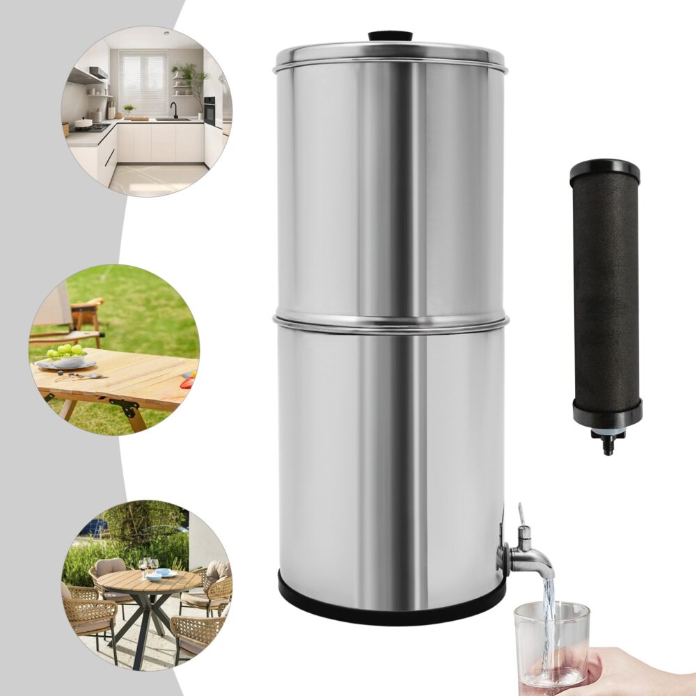 Gravity-fed water filter system with two filters and a glass of water.
