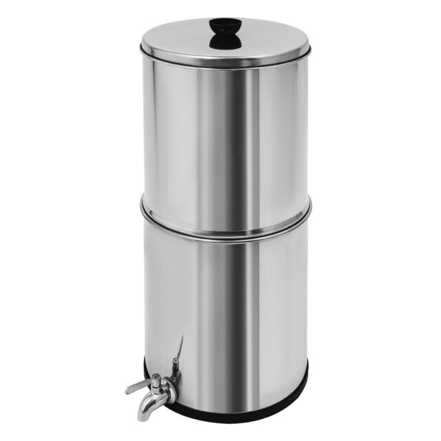 Stainless steel gravity-fed water filter system with two filters.