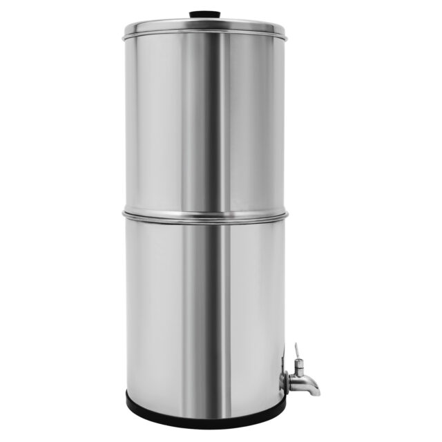 Stainless steel gravity-fed water filter system with two filters