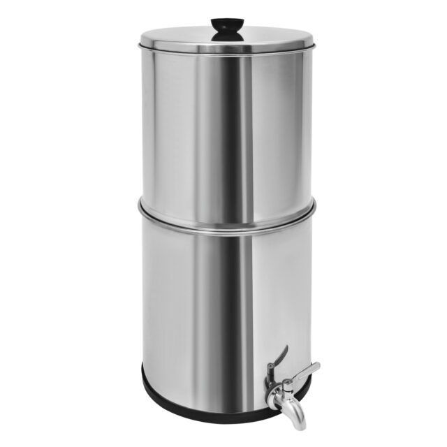 Stainless steel gravity-fed water filter system with two filters