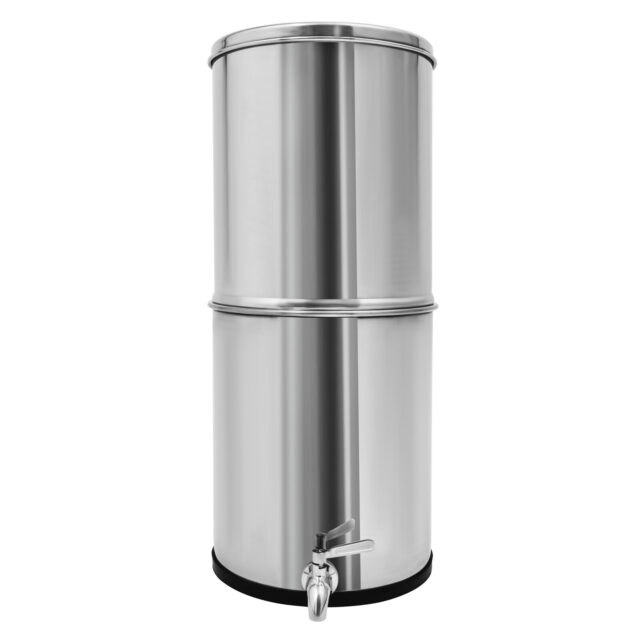 Stainless steel gravity-fed water filter system with tap