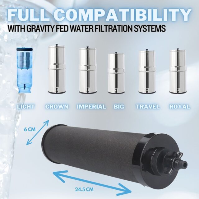 Water filter replacement compatible with Berkey gravity fed systems.
