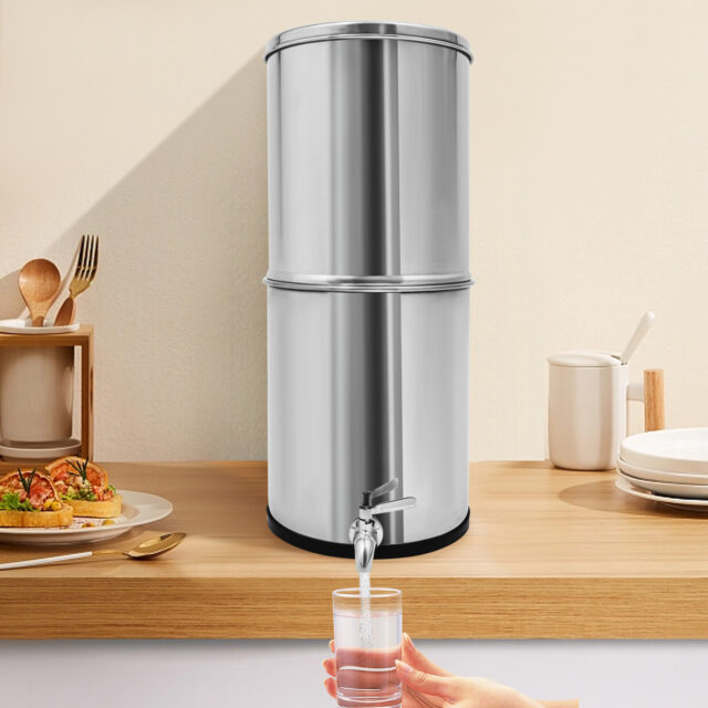 Gravity-fed water filter system with glass and water