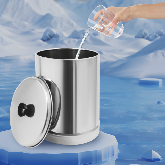 Gravity-fed water filter system with a hand pouring water into it.